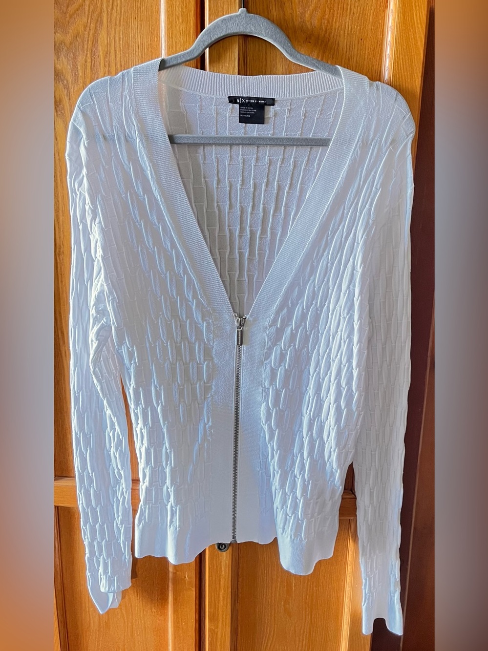 A|X Armani Exchange White Textured Zip-Up Cardigan